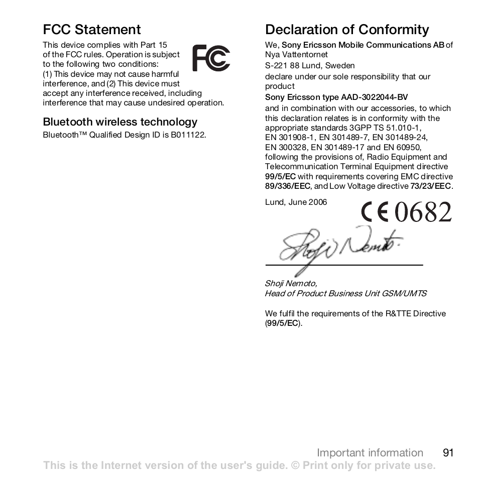 Fcc statement, Declaration of conformity | Sony Z610i User Manual | Page 91 / 96