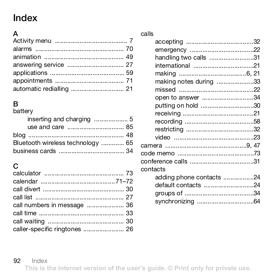 Index | Sony Z610i User Manual | Page 92 / 96