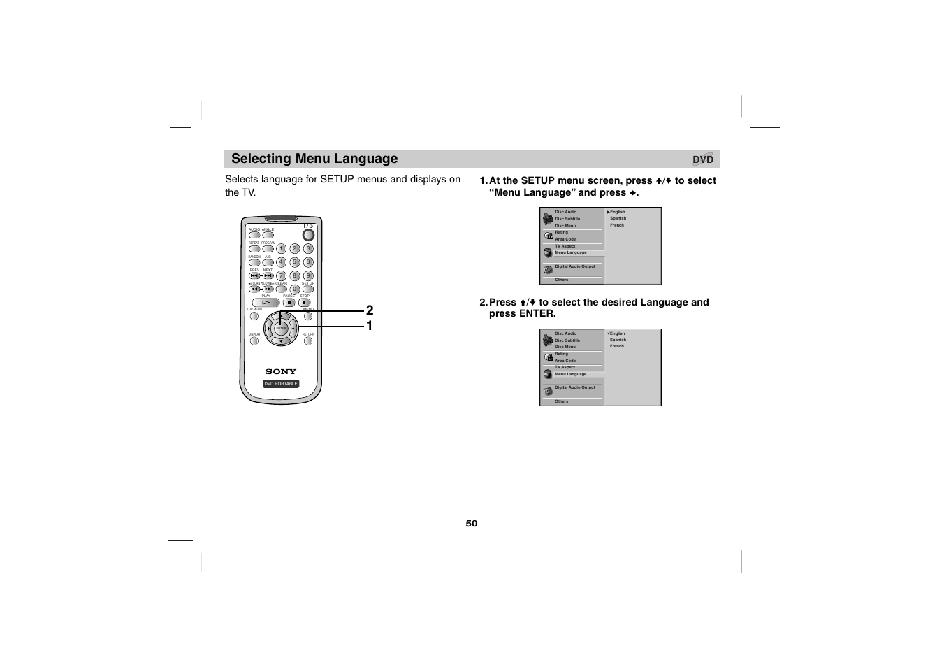 Selecting menu language | Sony DPS5032N User Manual | Page 50 / 69