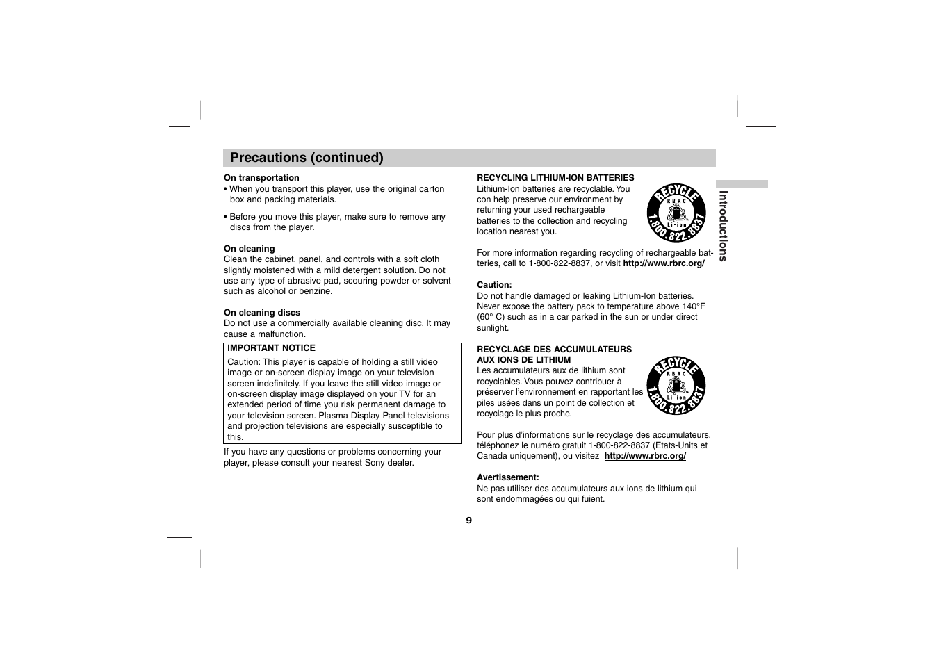 Precautions (continued) | Sony DPS5032N User Manual | Page 9 / 69