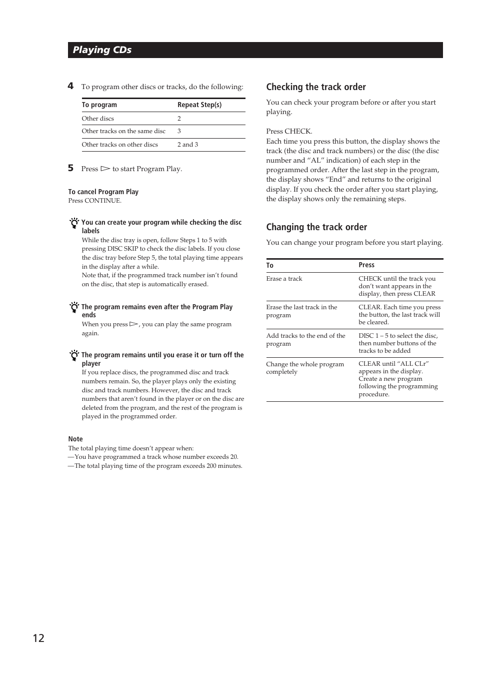 Playing cds, Checking the track order, Changing the track order | Sony CDP-CE505 User Manual | Page 12 / 20