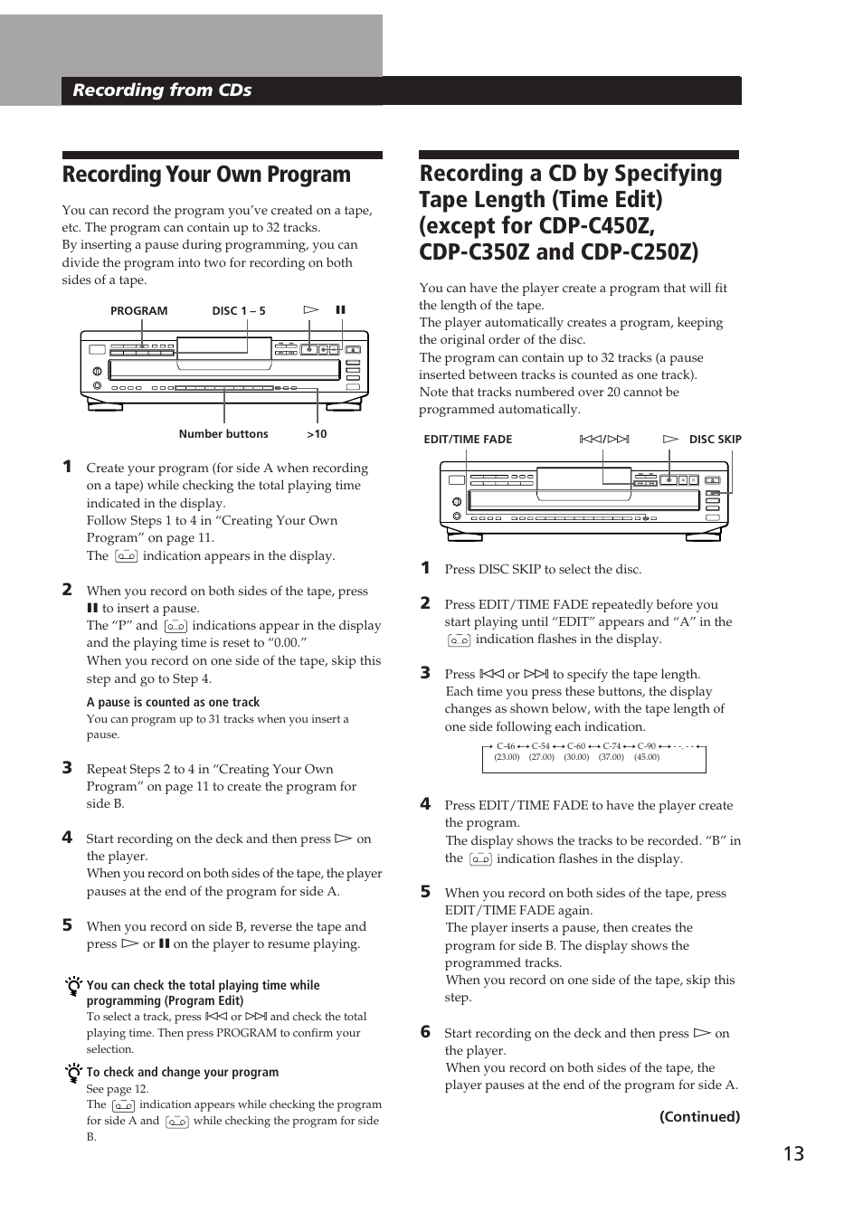Recording your own program, Recording from cds, Recording from cds recording from cds | Sony CDP-CE505 User Manual | Page 13 / 20
