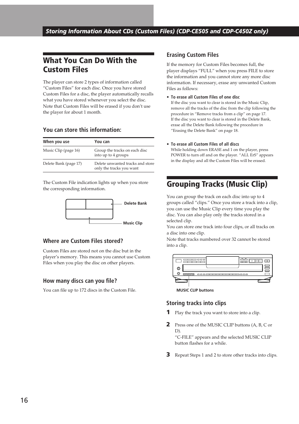 What you can do with the custom files, Grouping tracks (music clip) | Sony CDP-CE505 User Manual | Page 16 / 20