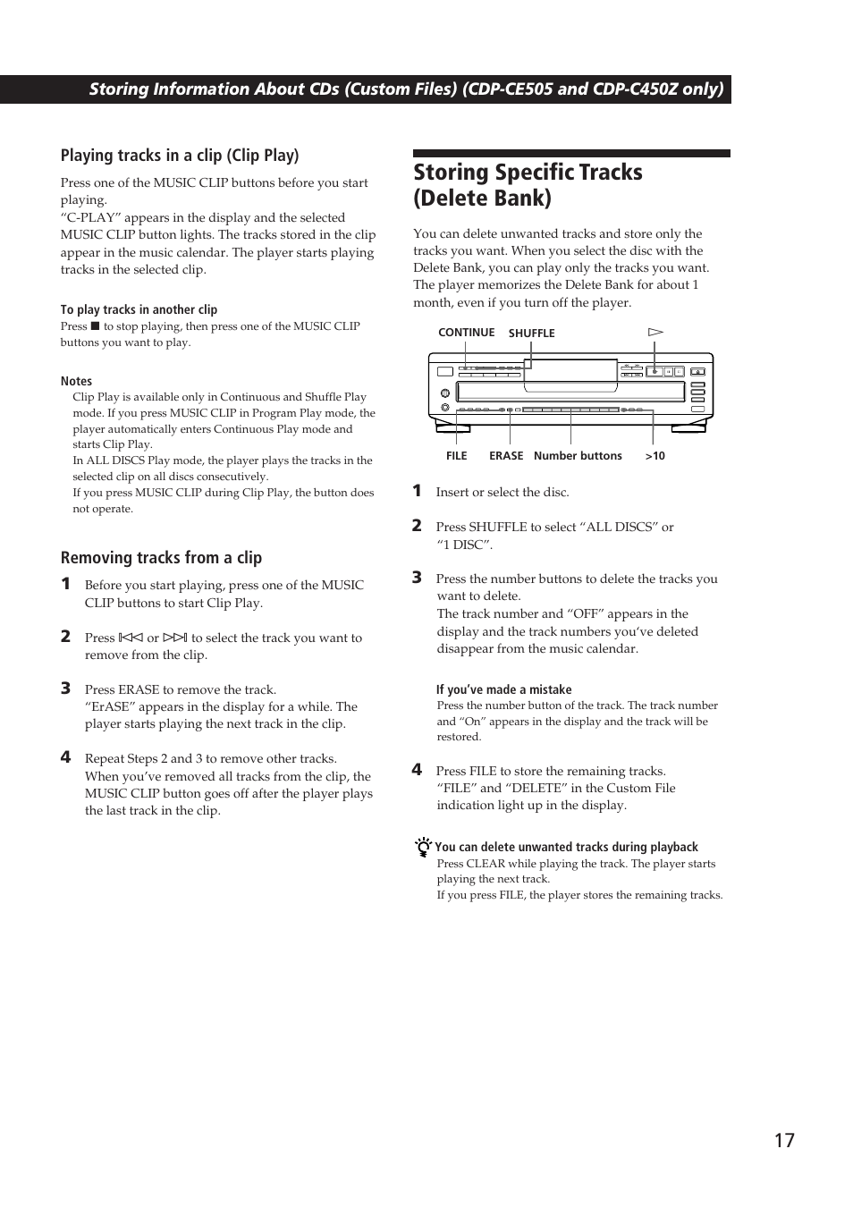 Storing specific tracks (delete bank), Recording from cds, Removing tracks from a clip 1 | Sony CDP-CE505 User Manual | Page 17 / 20