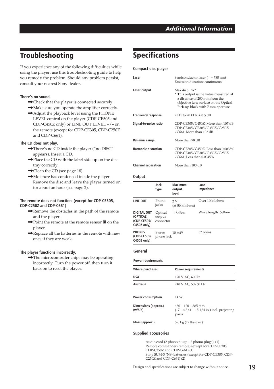 Troubleshooting, Specifications, Additional information | Sony CDP-CE505 User Manual | Page 19 / 20