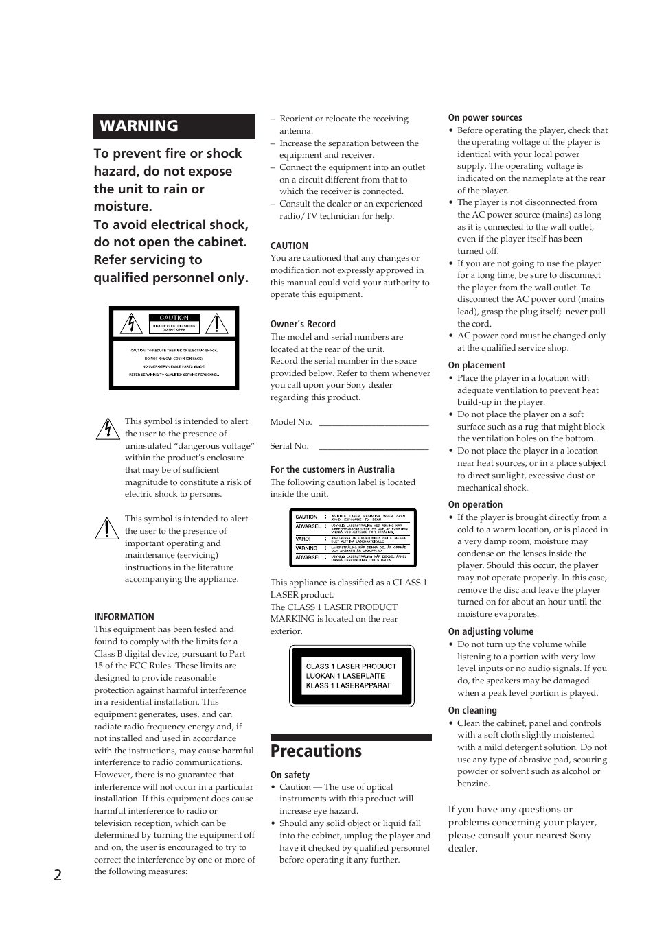 Precautions, 2warning | Sony CDP-CE505 User Manual | Page 2 / 20