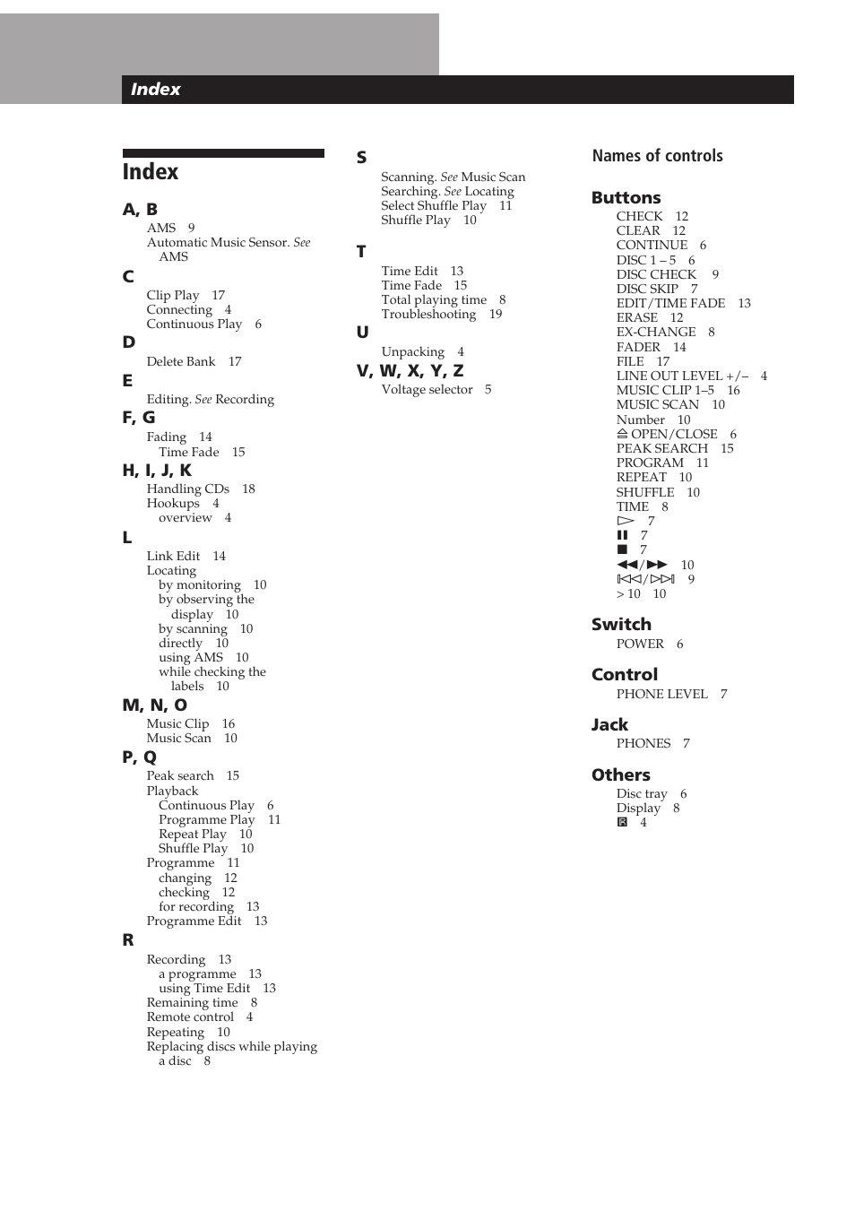 Index | Sony CDP-CE505 User Manual | Page 20 / 20