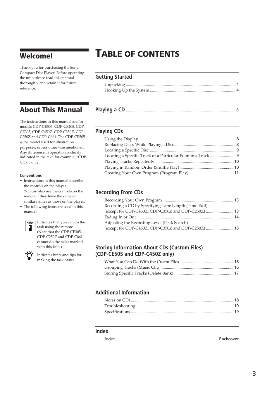 Able of contents, Welcome, About this manual | Sony CDP-CE505 User Manual | Page 3 / 20