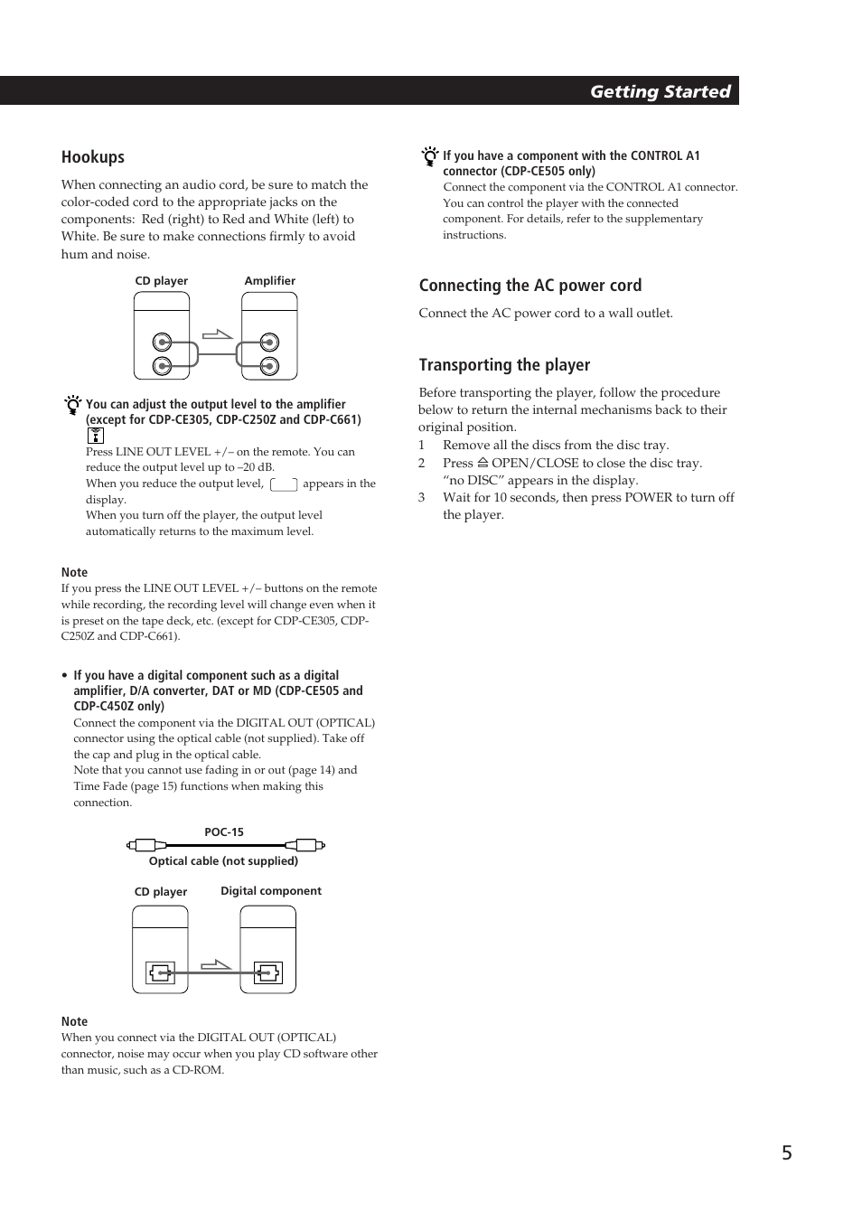 Getting started, Hookups, Connecting the ac power cord | Transporting the player | Sony CDP-CE505 User Manual | Page 5 / 20