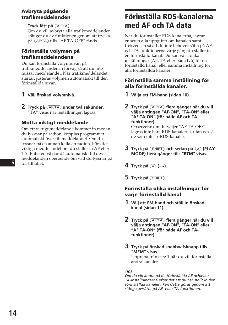 Förinställa rds-kanalerna med af och ta data | Sony CDX-C580RW User Manual | Page 104 / 124