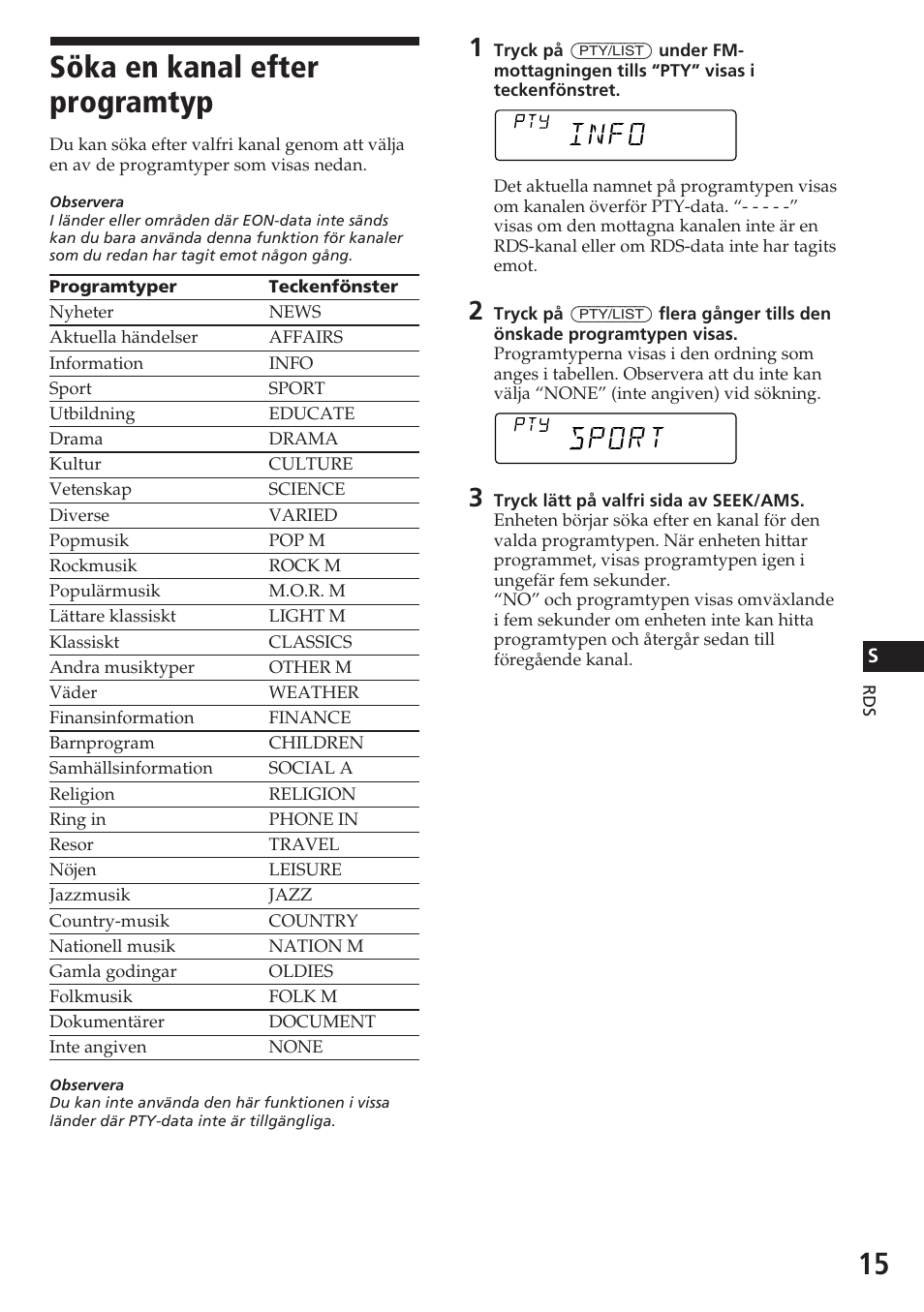 Söka en kanal efter programtyp, Port info | Sony CDX-C580RW User Manual | Page 105 / 124