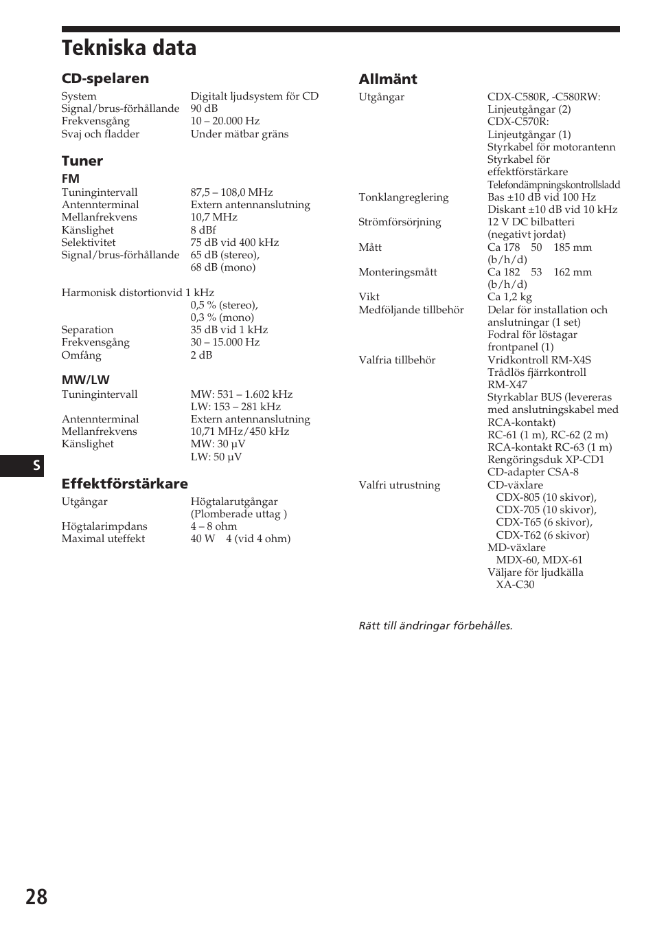 Tekniska data, Allmänt, Cd-spelaren | Tuner, Effektförstärkare | Sony CDX-C580RW User Manual | Page 118 / 124