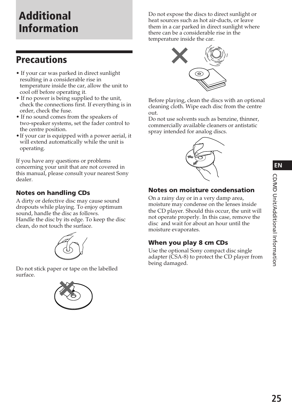 Additional information, Precautions | Sony CDX-C580RW User Manual | Page 25 / 124