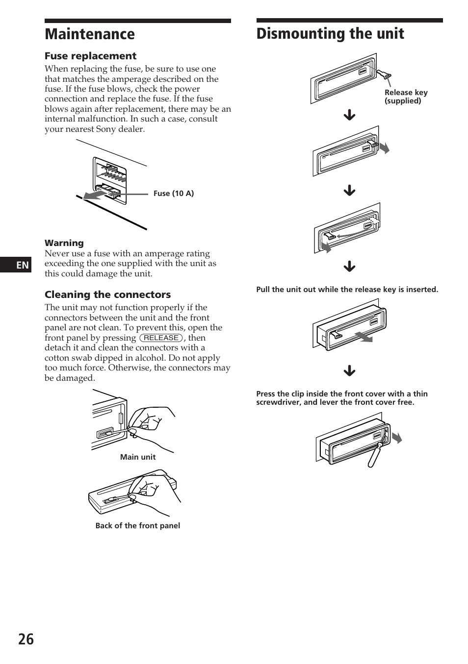 Dismounting the unit, Maintenance | Sony CDX-C580RW User Manual | Page 26 / 124