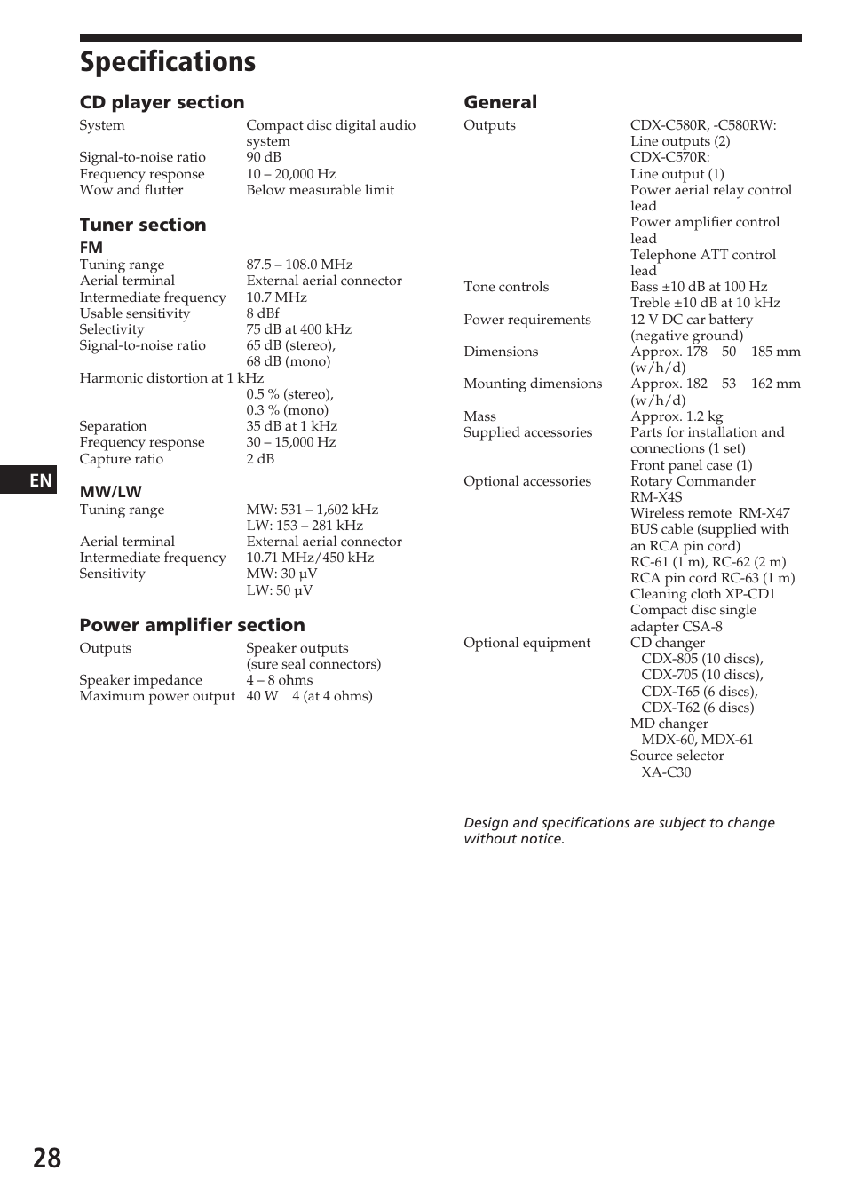 Specifications, General | Sony CDX-C580RW User Manual | Page 28 / 124