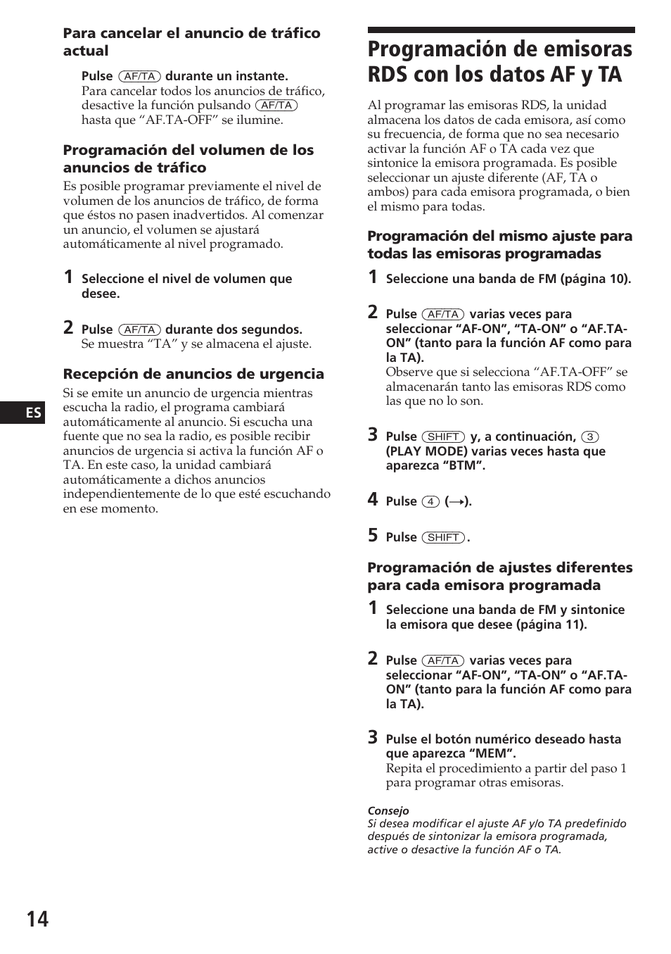 Programación de emisoras rds con los datos af y ta | Sony CDX-C580RW User Manual | Page 44 / 124