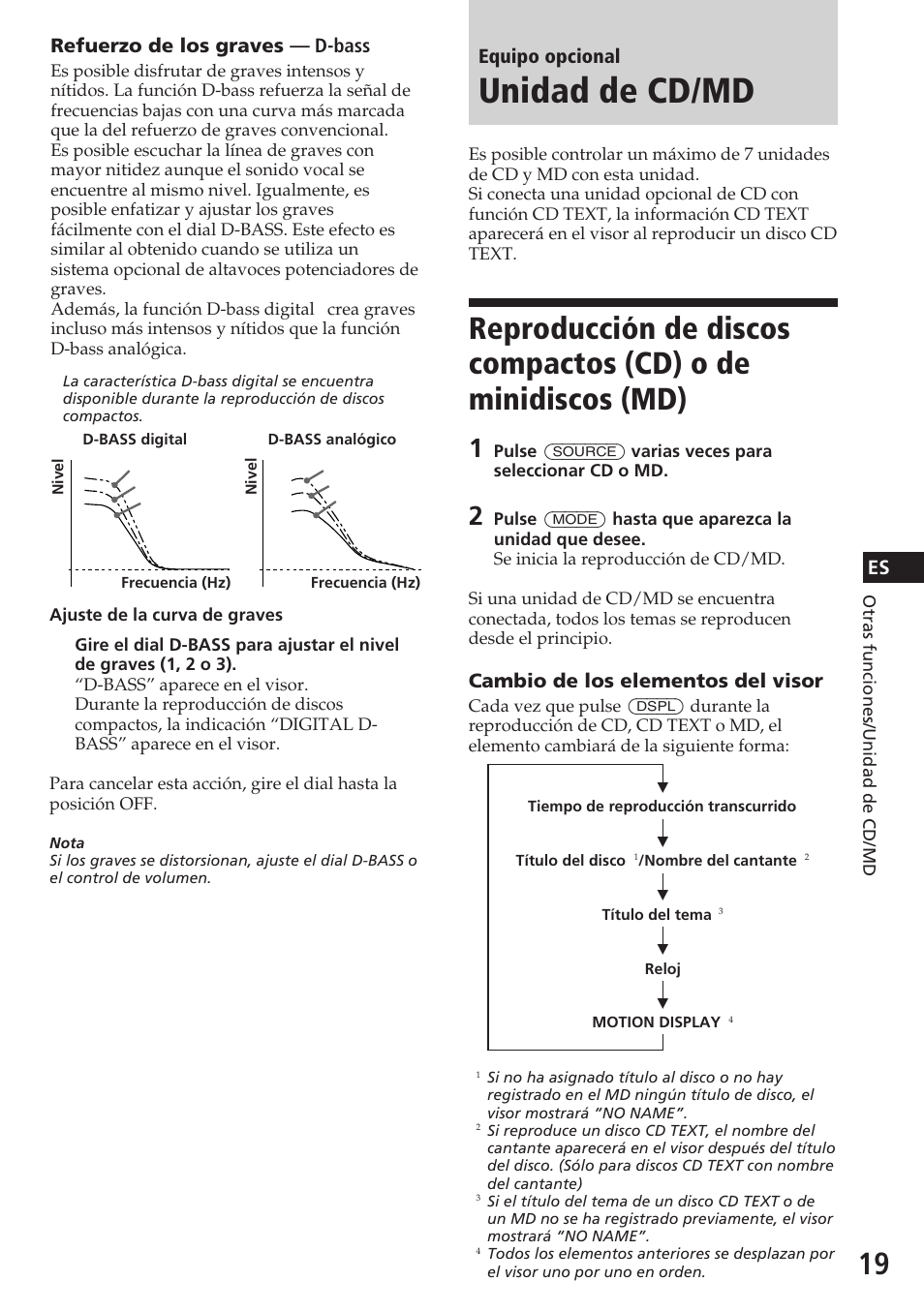 Unidad de cd/md, Refuerzo de los graves — d-bass, Equipo opcional | Cambio de los elementos del visor | Sony CDX-C580RW User Manual | Page 49 / 124