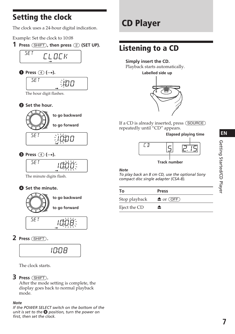 Cd player, Setting the clock, Listening to a cd | 1ooo, Clock, 1oo8 | Sony CDX-C580RW User Manual | Page 7 / 124