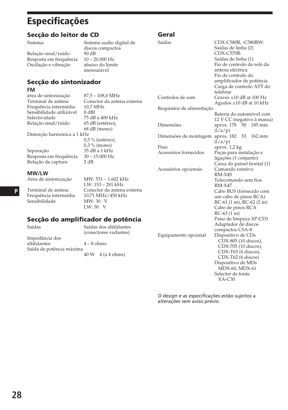 Especificações, Secção do leitor de cd, Secção do sintonizador | Secção do amplificador de potência, Geral | Sony CDX-C580RW User Manual | Page 88 / 124