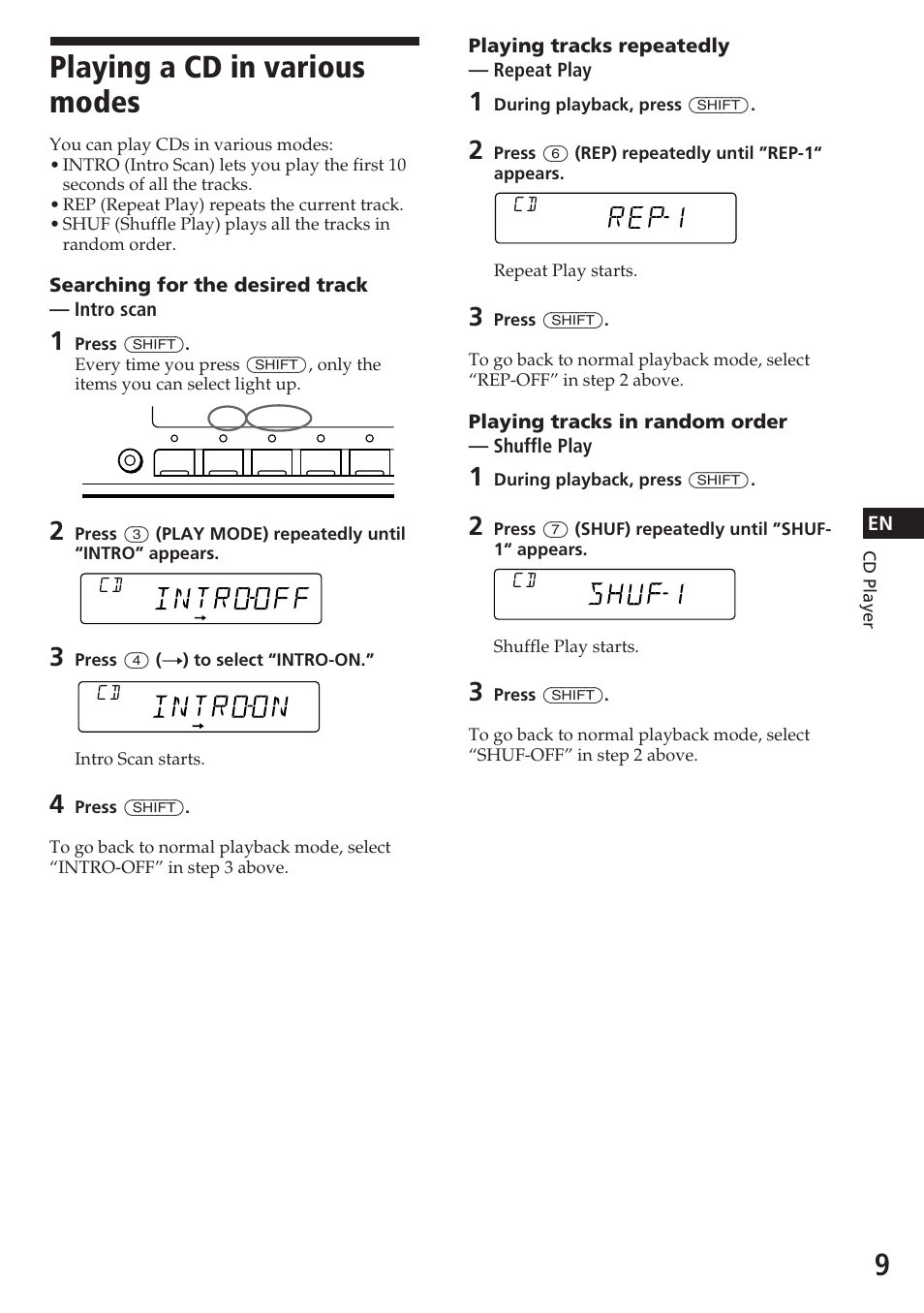 Playing a cd in various modes, Rep1 | Sony CDX-C580RW User Manual | Page 9 / 124