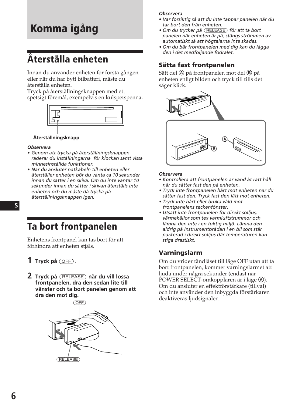 Komma igång, Återställa enheten, Ta bort frontpanelen | Sony CDX-C580RW User Manual | Page 96 / 124