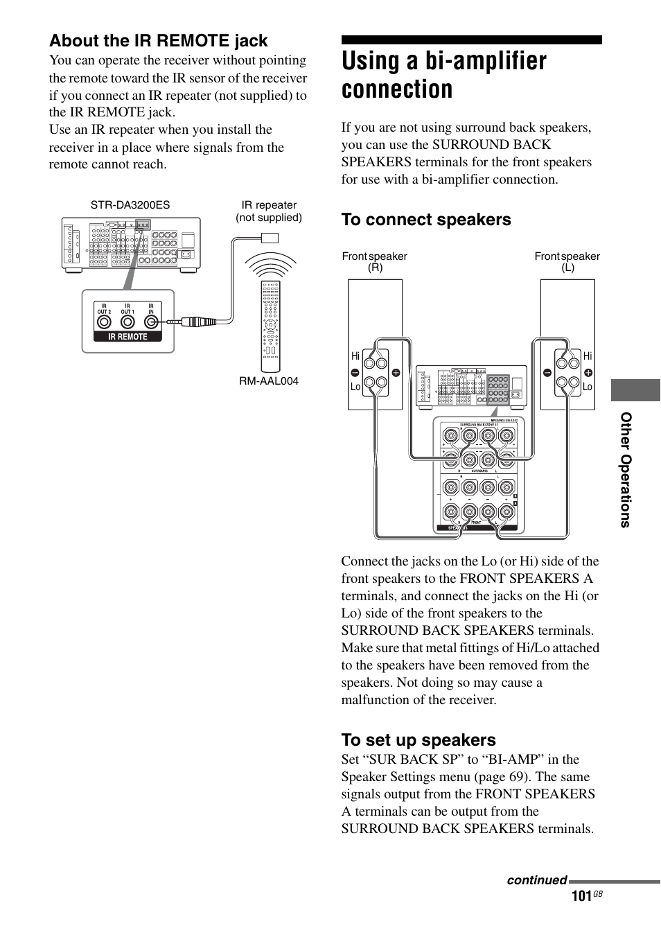 Using a bi-amplifier connection, About the ir remote jack | Sony STR-DA3200ES User Manual | Page 101 / 127