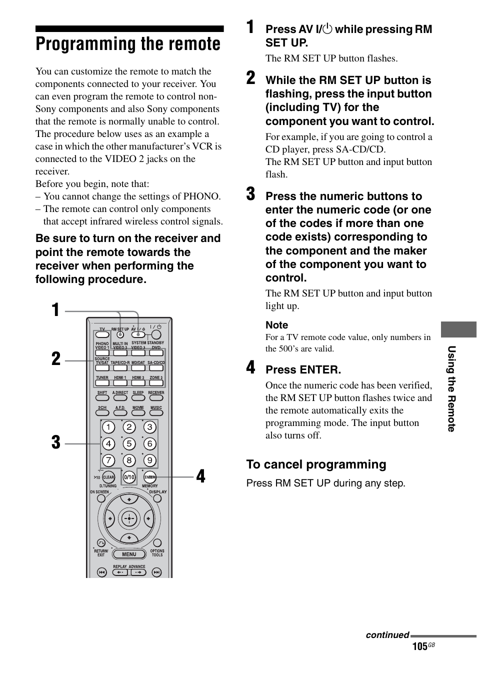 Programming the remote, E 105) | Sony STR-DA3200ES User Manual | Page 105 / 127