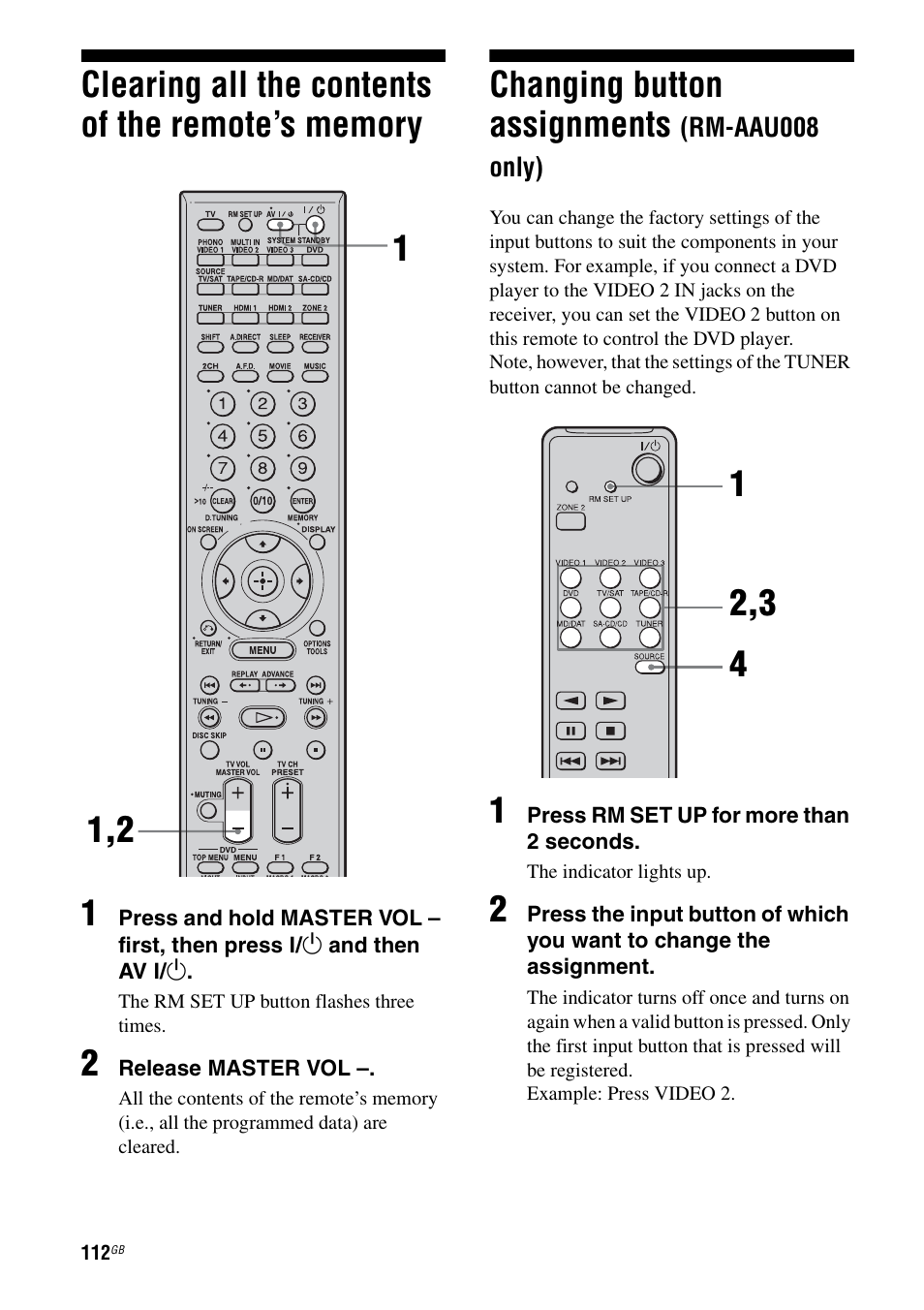 Clearing all the contents of the remote’s memory, Changing button assignments (rm-aau008 only), Clearing all the contents of the remote’s | Memory, Changing button assignments, Rm-aau008 only) | Sony STR-DA3200ES User Manual | Page 112 / 127