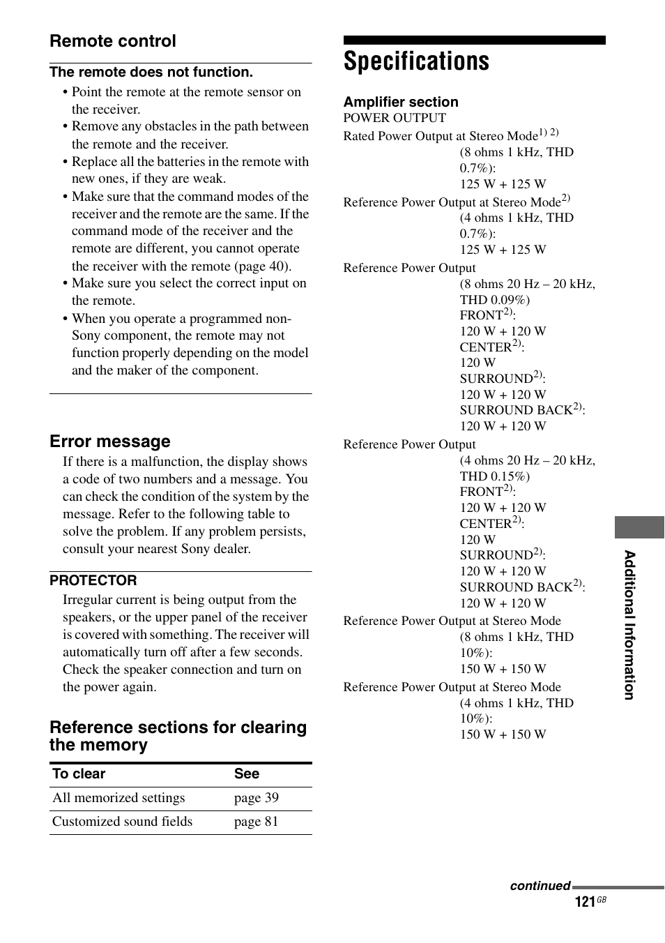 Specifications, Remote control, Error message | Sony STR-DA3200ES User Manual | Page 121 / 127