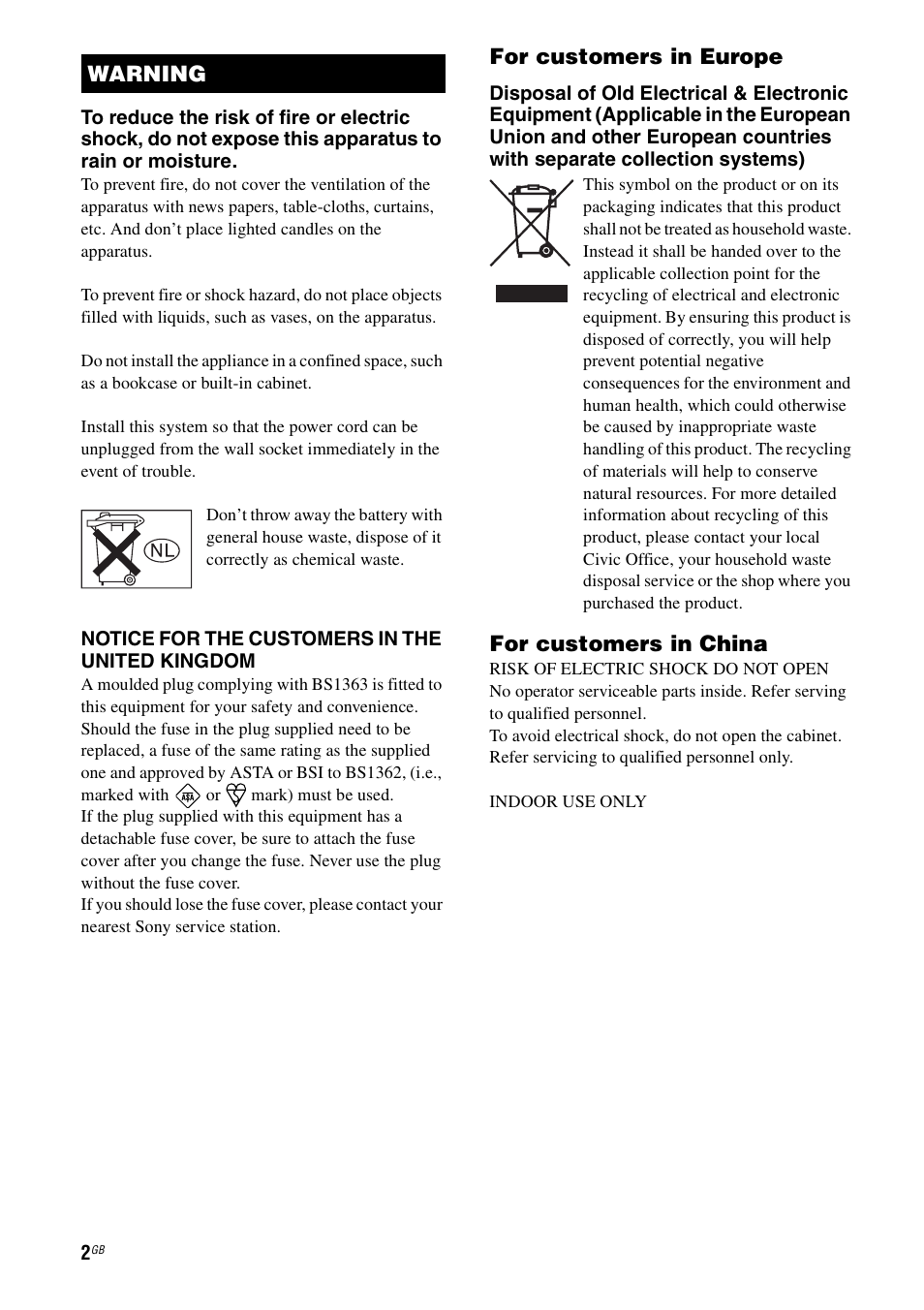 For customers in europe, For customers in china, Warning | Sony STR-DA3200ES User Manual | Page 2 / 127