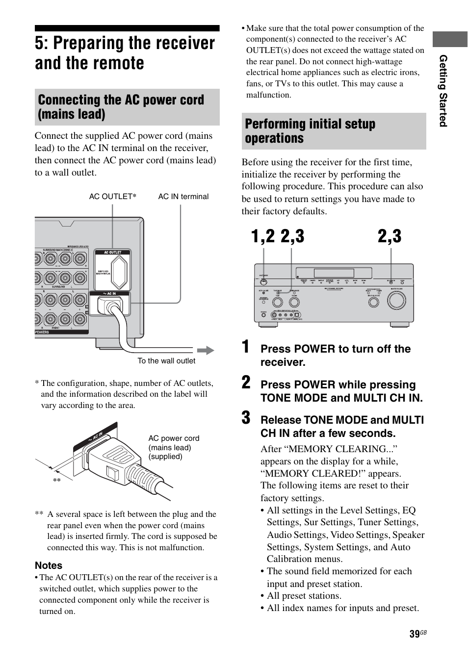 Preparing the receiver and the remote, Connecting the ac power cord (mains lead), Performing initial setup operations | Sony STR-DA3200ES User Manual | Page 39 / 127