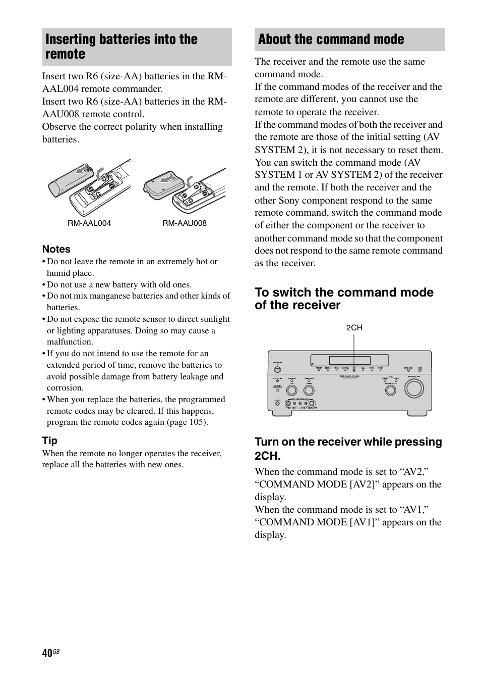 Inserting batteries into the remote, About the command mode, Turn on the receiver while pressing 2ch | Sony STR-DA3200ES User Manual | Page 40 / 127