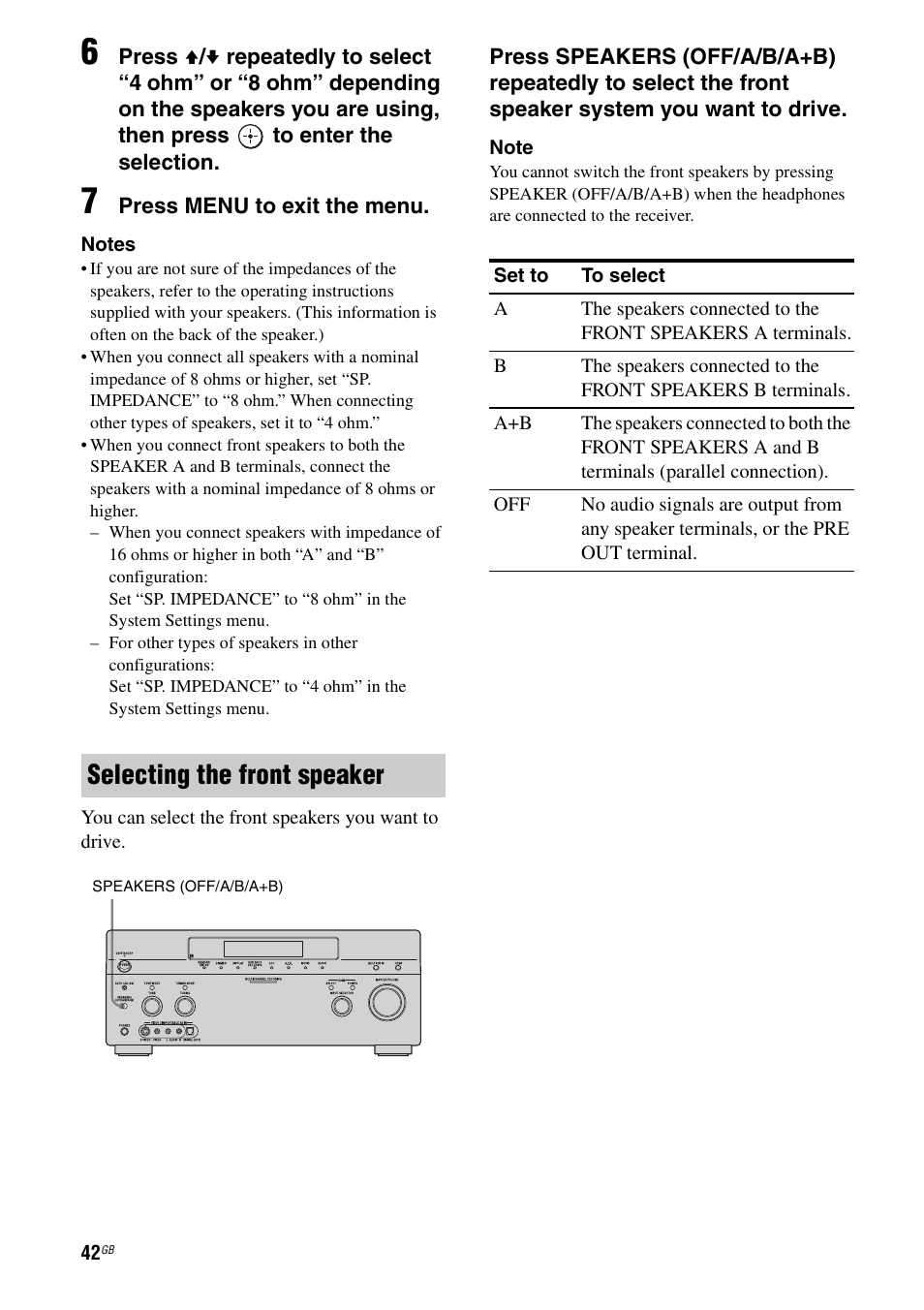 E 42, Selecting the front speaker | Sony STR-DA3200ES User Manual | Page 42 / 127