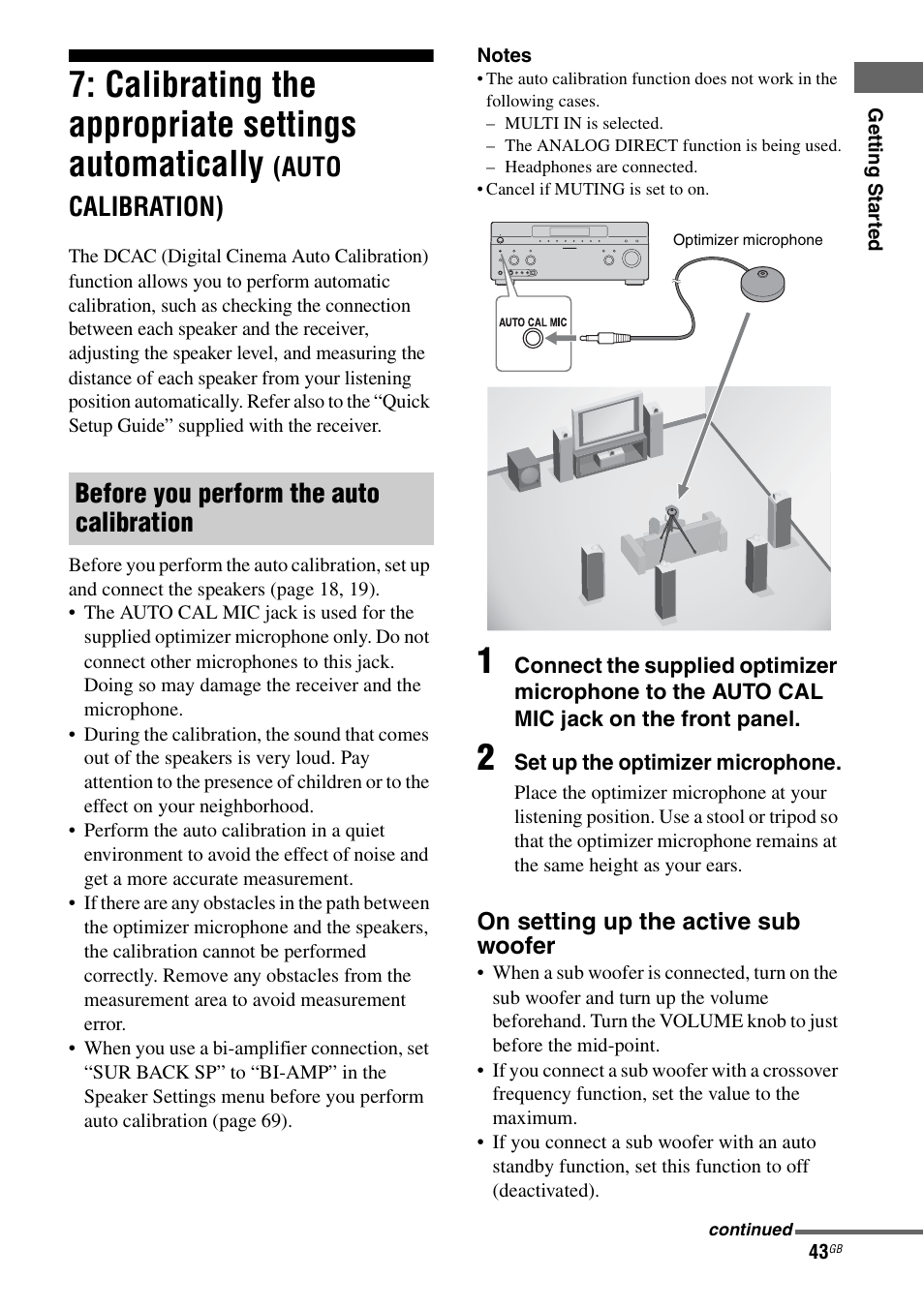 Calibrating the appropriate settings, Automatically (auto calibration), Calibrating the appropriate settings automatically | Auto calibration), Before you perform the auto calibration | Sony STR-DA3200ES User Manual | Page 43 / 127