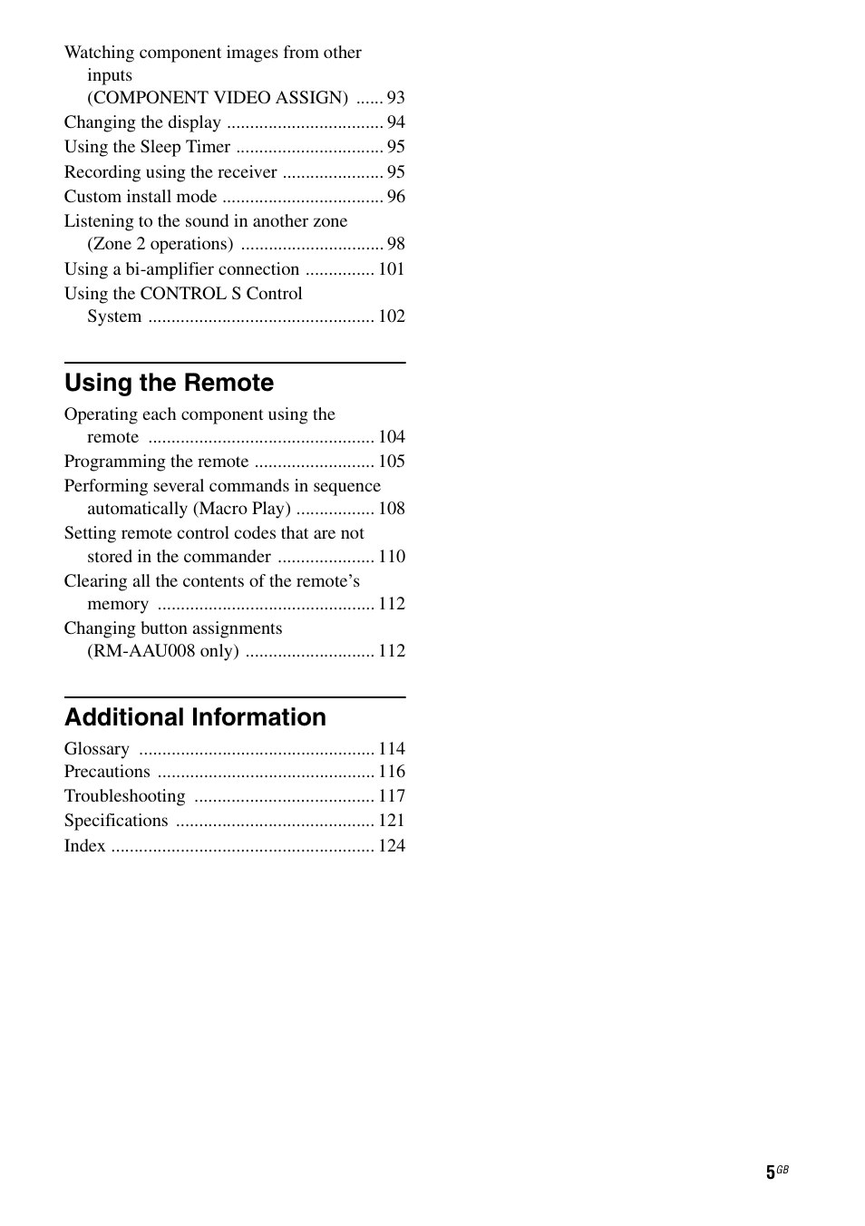 Using the remote, Additional information | Sony STR-DA3200ES User Manual | Page 5 / 127