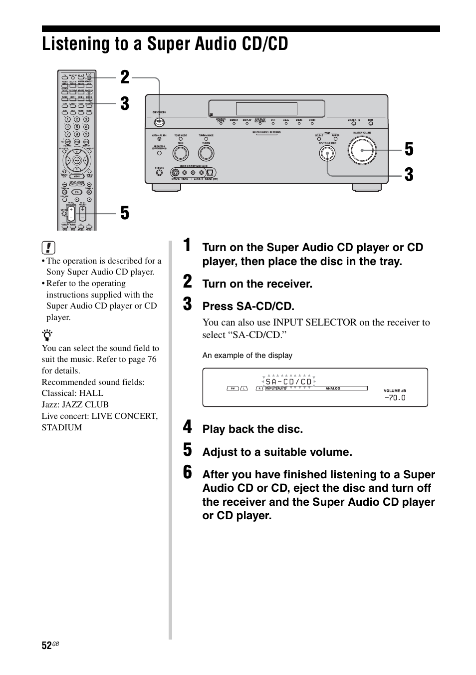 Listening to a super audio cd/cd | Sony STR-DA3200ES User Manual | Page 52 / 127