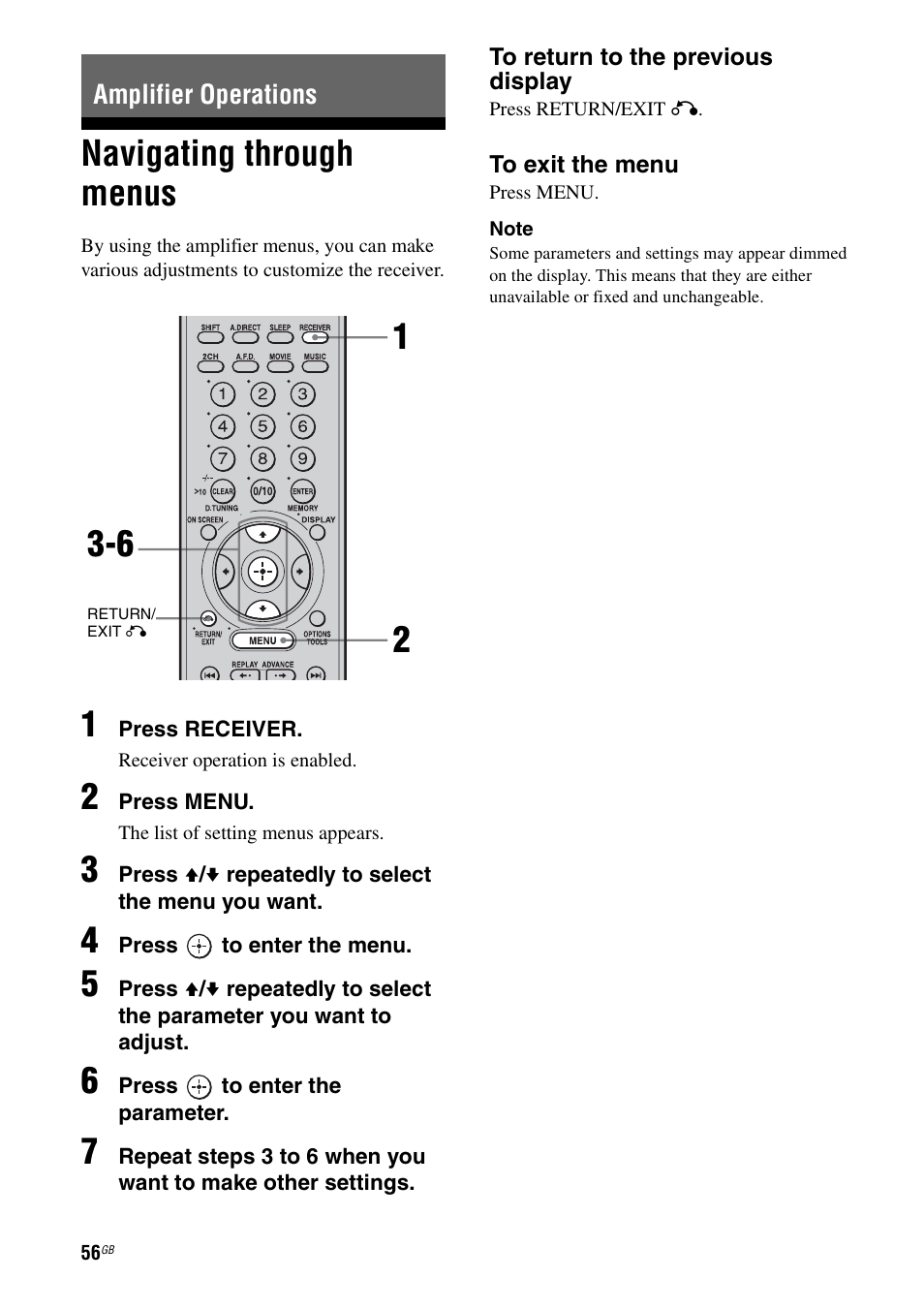 Amplifier operations, Navigating through menus, E 56 | Sony STR-DA3200ES User Manual | Page 56 / 127