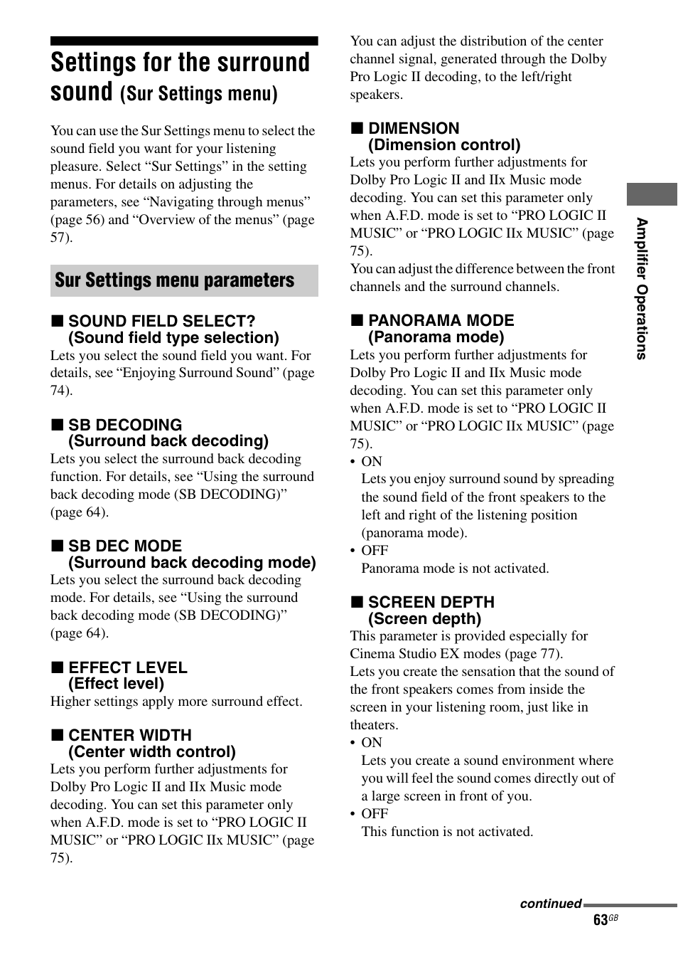 Settings for the surround sound, Sur settings menu), Sur settings menu parameters | Sony STR-DA3200ES User Manual | Page 63 / 127