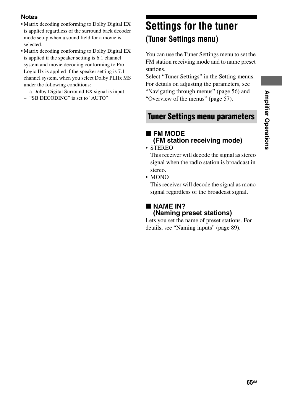 Settings for the tuner (tuner settings menu), Settings for the tuner, Tuner settings menu) | Tuner settings menu parameters | Sony STR-DA3200ES User Manual | Page 65 / 127