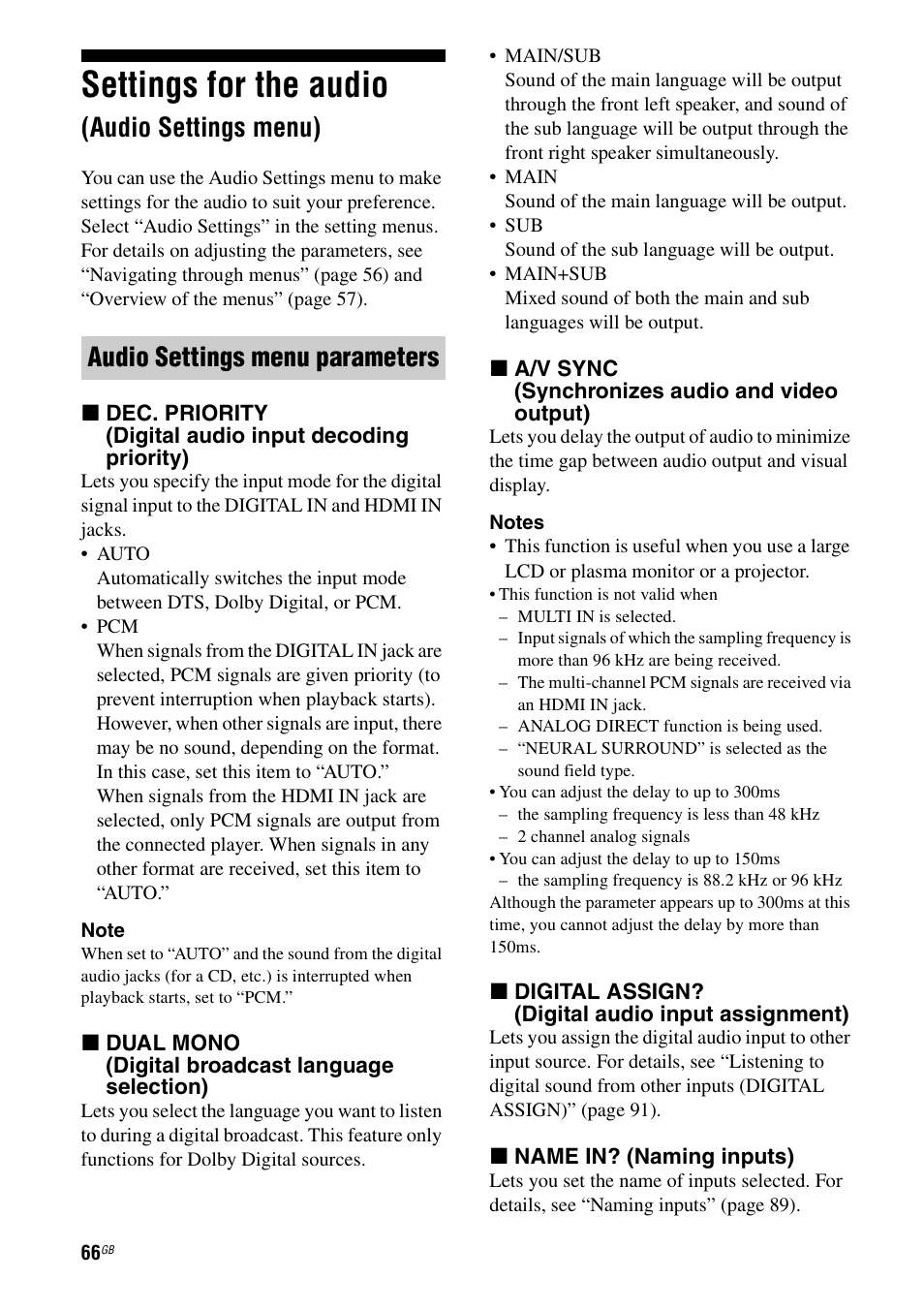 Settings for the audio (audio settings menu), Settings for the audio, Audio settings menu) | Audio settings menu parameters | Sony STR-DA3200ES User Manual | Page 66 / 127