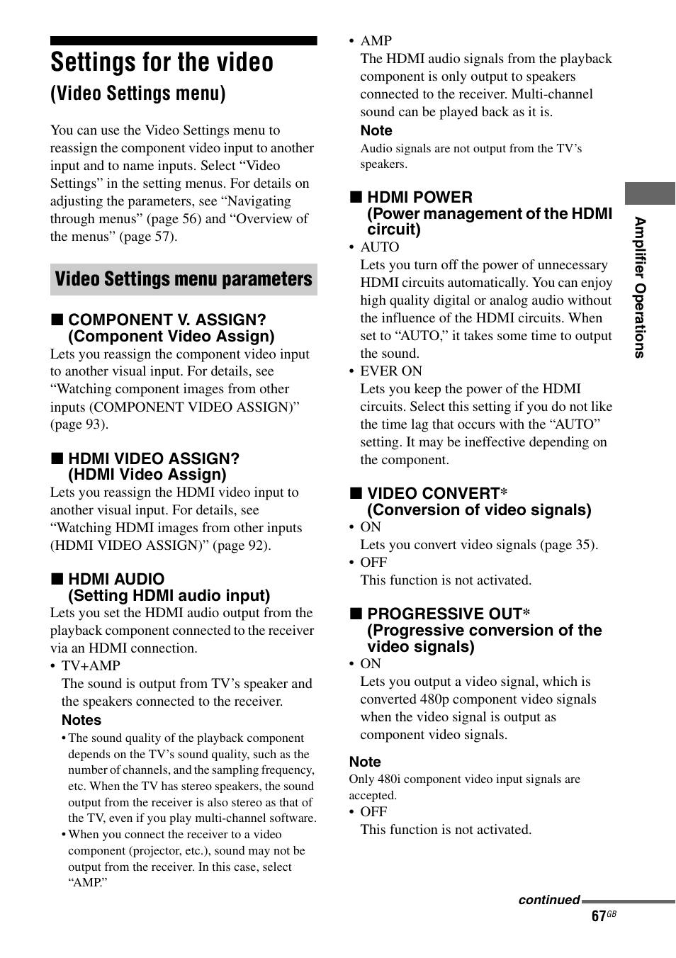 Settings for the video (video settings menu), Settings for the video, Video settings menu) | Video settings menu parameters | Sony STR-DA3200ES User Manual | Page 67 / 127