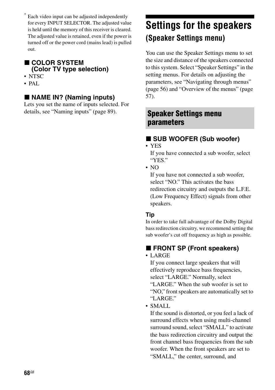 Settings for the speakers (speaker settings menu), Settings for the speakers, Speaker settings menu) | E 68, Ge 68, Speaker settings menu parameters | Sony STR-DA3200ES User Manual | Page 68 / 127