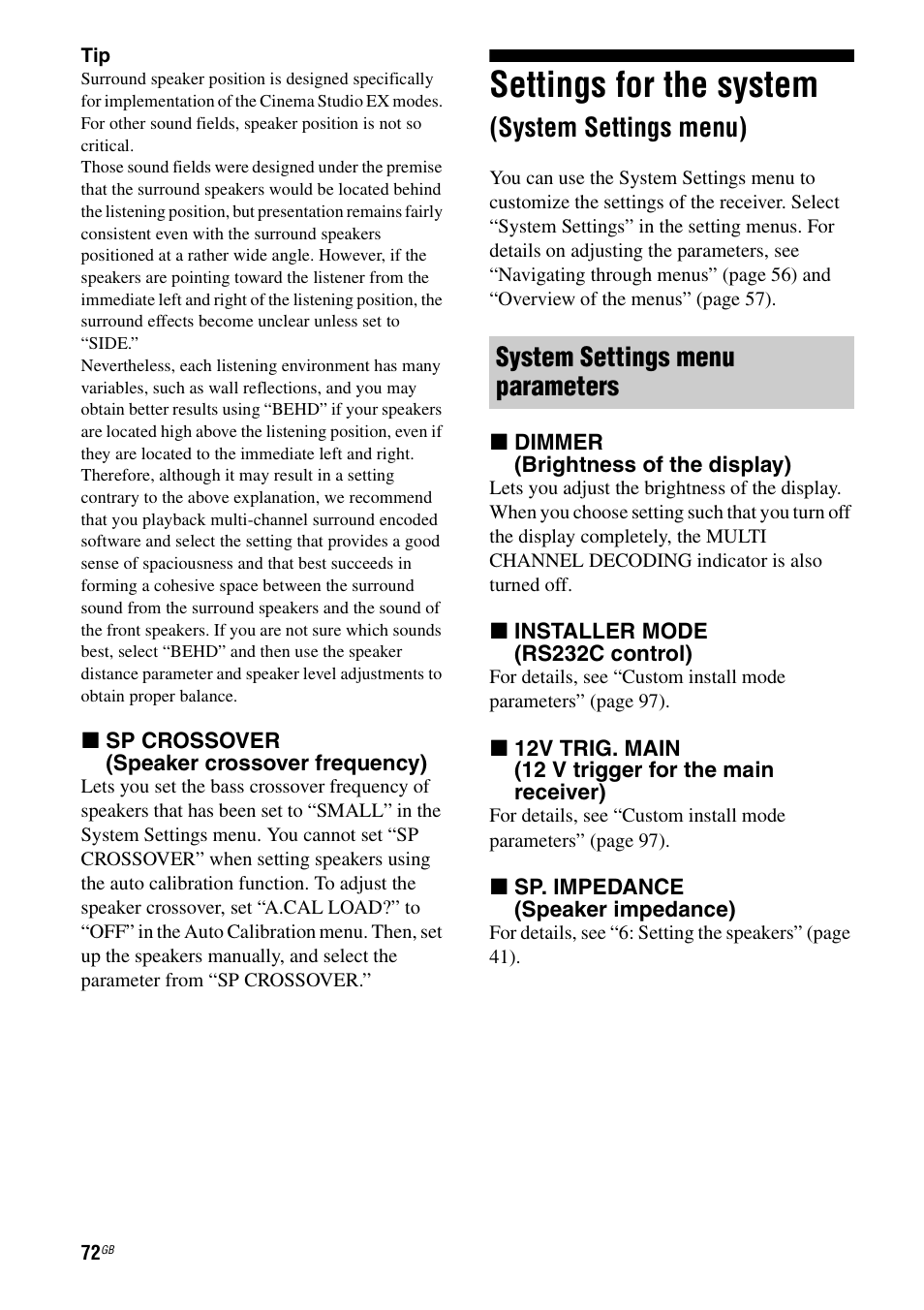Settings for the system (system settings menu), Settings for the system, System settings menu) | Ge 72, System settings menu parameters | Sony STR-DA3200ES User Manual | Page 72 / 127