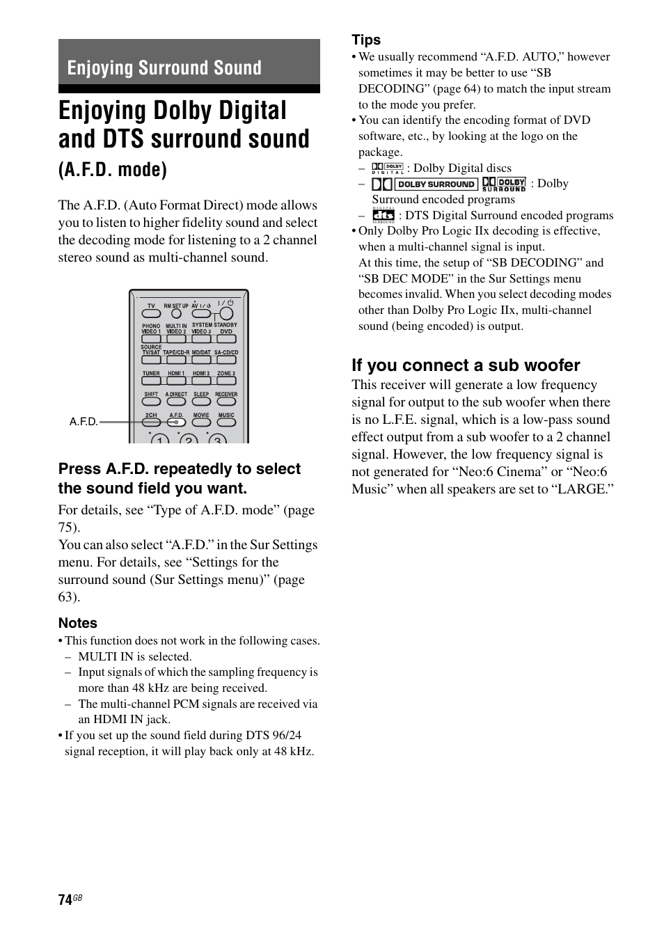 Enjoying surround sound, Enjoying dolby digital and dts surround, Sound (a.f.d. mode) | E 74), See “enjoying surround sound, Enjoying dolby digital and dts surround sound, A.f.d. mode), If you connect a sub woofer | Sony STR-DA3200ES User Manual | Page 74 / 127