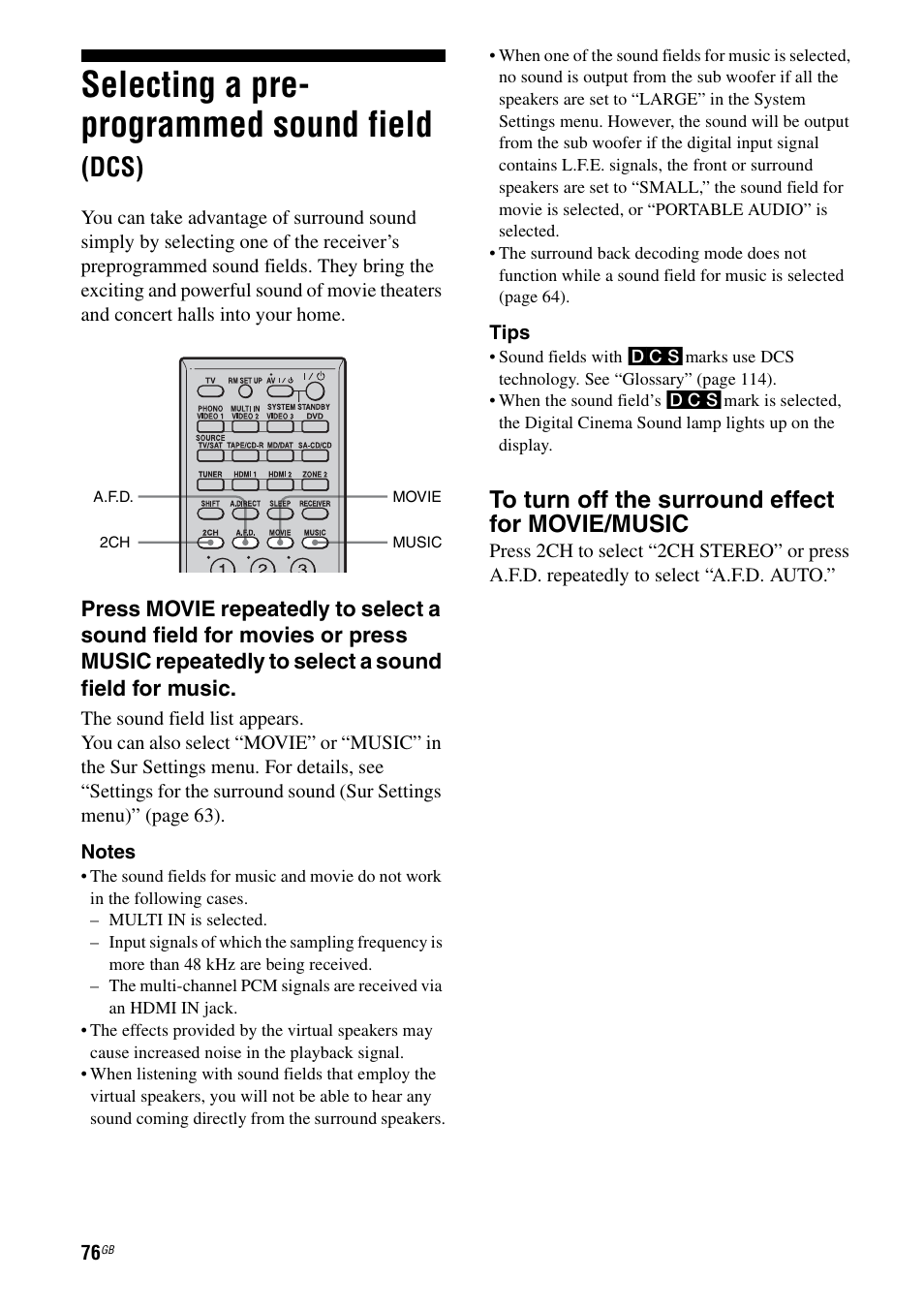 Selecting a pre- programmed sound field (dcs), Selecting a pre-programmed sound field, Dcs) | Selecting a pre- programmed sound field | Sony STR-DA3200ES User Manual | Page 76 / 127