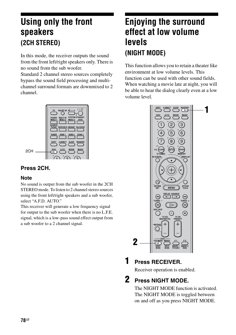 Using only the front speakers (2ch stereo), Using only the front speakers, 2ch stereo) | Enjoying the surround effect at low volume, Levels (night mode), Enjoying the surround effect at low volume levels | Sony STR-DA3200ES User Manual | Page 78 / 127
