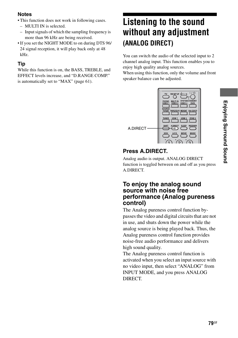 Listening to the sound without any adjustment, Analog direct) | Sony STR-DA3200ES User Manual | Page 79 / 127