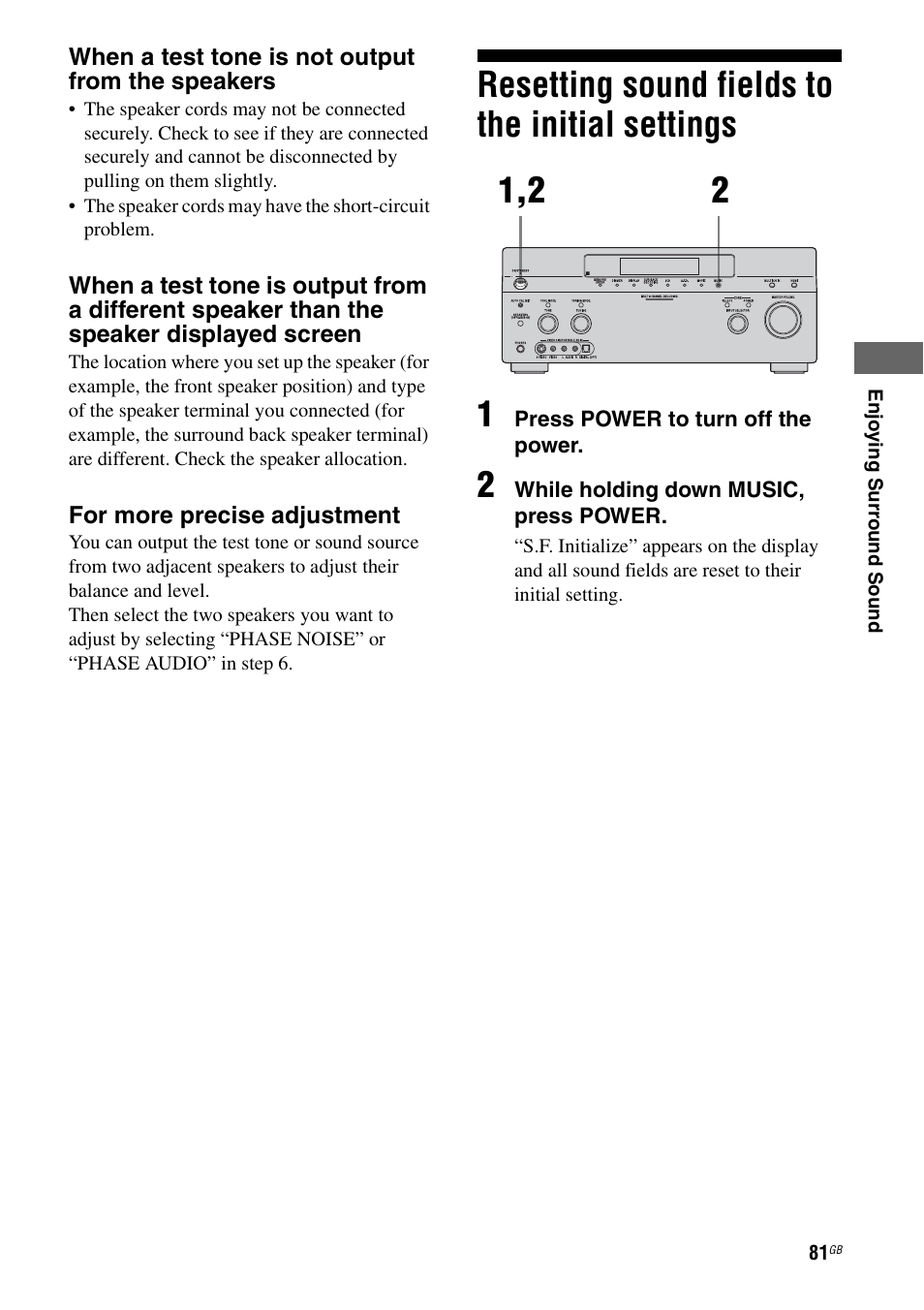 Resetting sound fields to the initial settings, Resetting sound fields, To the initial settings | Resetting sound fields to the initial settings 1 | Sony STR-DA3200ES User Manual | Page 81 / 127