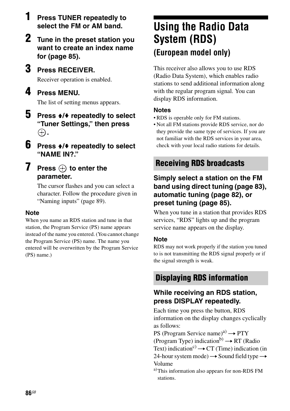 Using the radio data system (rds), European model only), E 86 | Sony STR-DA3200ES User Manual | Page 86 / 127