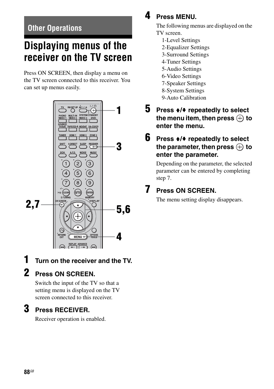 Other operations, Displaying menus of the receiver on the tv screen, Displaying menus of the receiver on the tv | Screen, E 88 | Sony STR-DA3200ES User Manual | Page 88 / 127